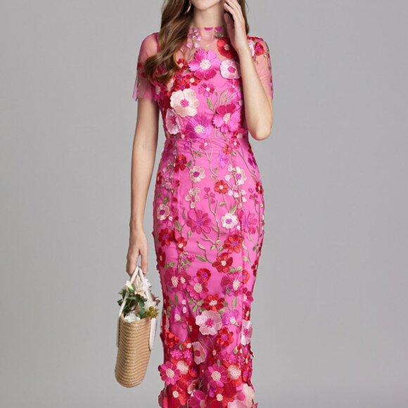 Floral Embroidered Mesh Overlay Maxi DressSheath Formal Dress